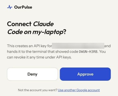 The OurPulse connect page: Connect Claude Code on my-laptop? with Deny and Approve buttons