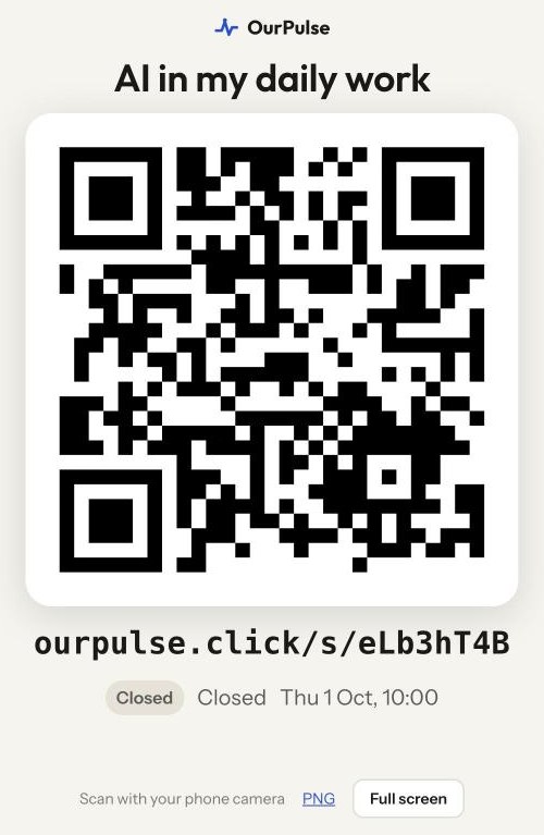 The invite screen for AI in my daily work: a large QR code, the short link, and the pulse state