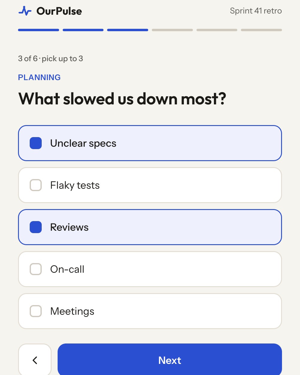 A multiple-choice question: What slowed us down most? with five checkboxes, two ticked, hint pick up to 3
