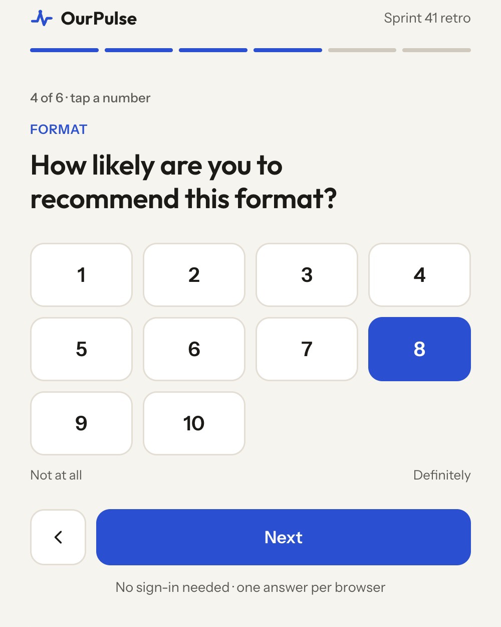 A 1 to 10 scale as number tiles with 9 selected, ends labelled Not at all and Definitely