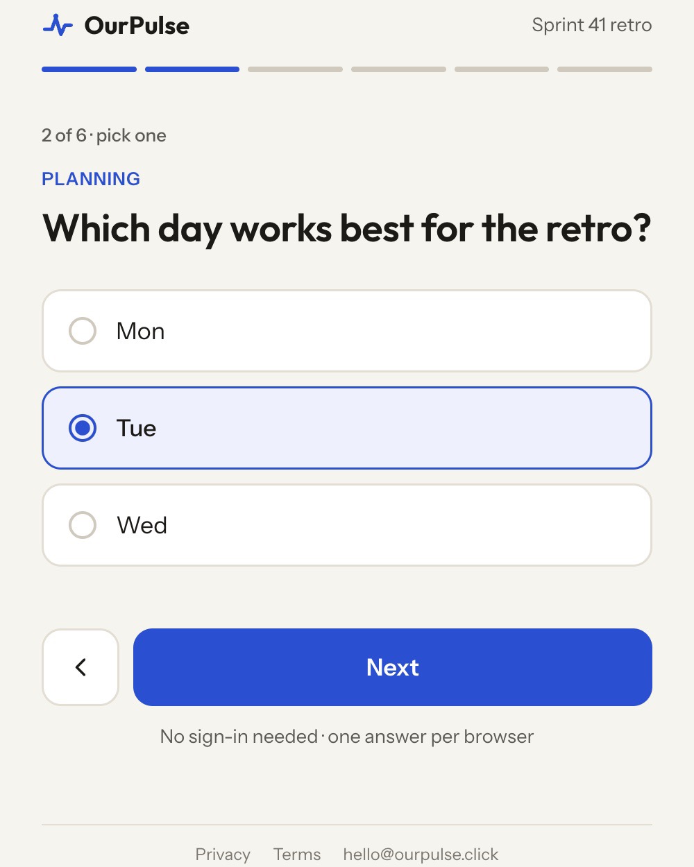 A single-choice question on a phone: Which day works best for the retro? with Mon, Tue and Wed as cards, Tue selected