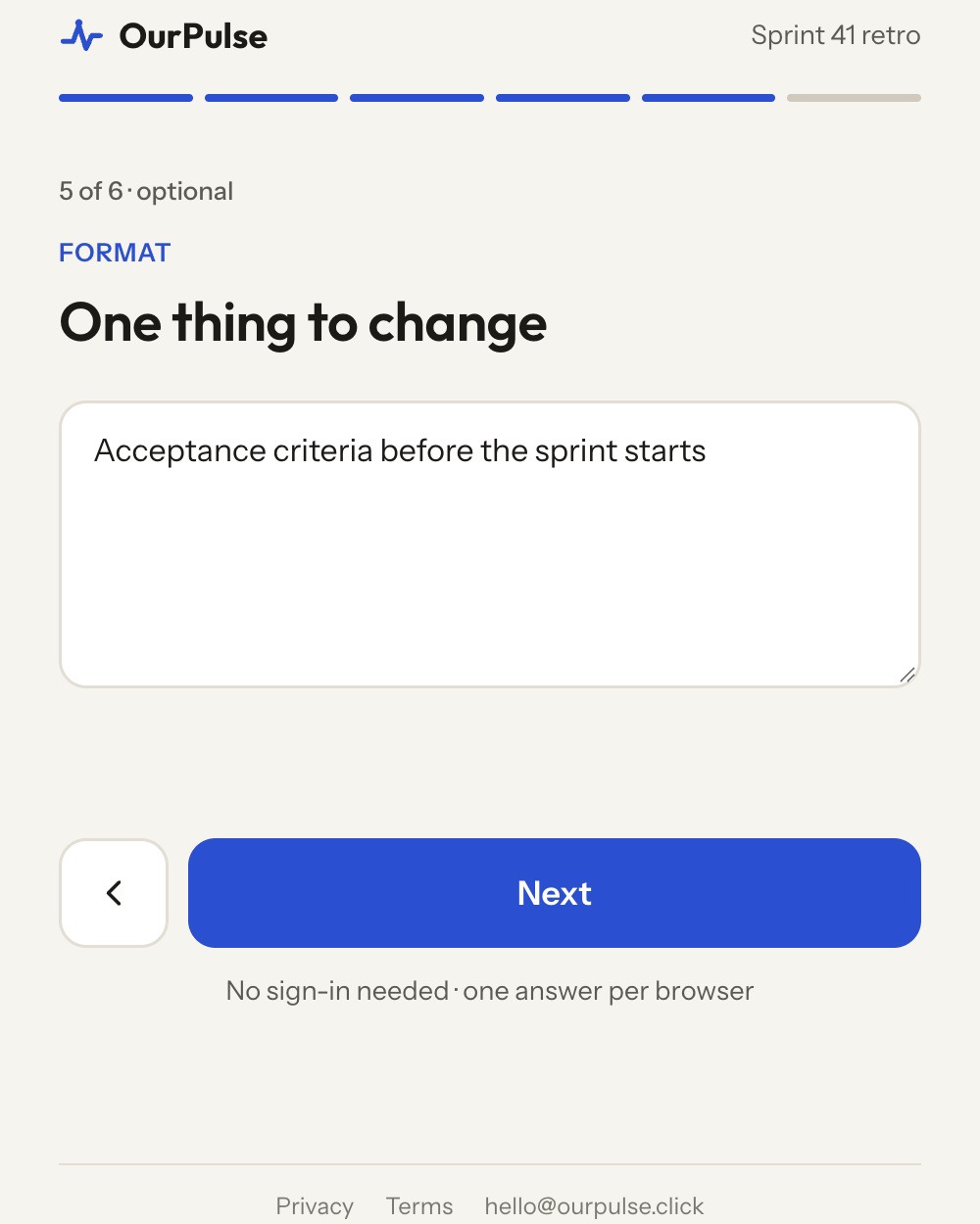 A free text question, One thing to change, with a short answer typed in